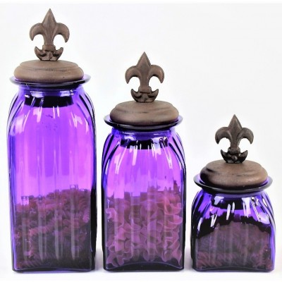 40074PURPLE - SQUARE MEDIUM PURPLE CANISTER SET / W COPPER FDL LIDS